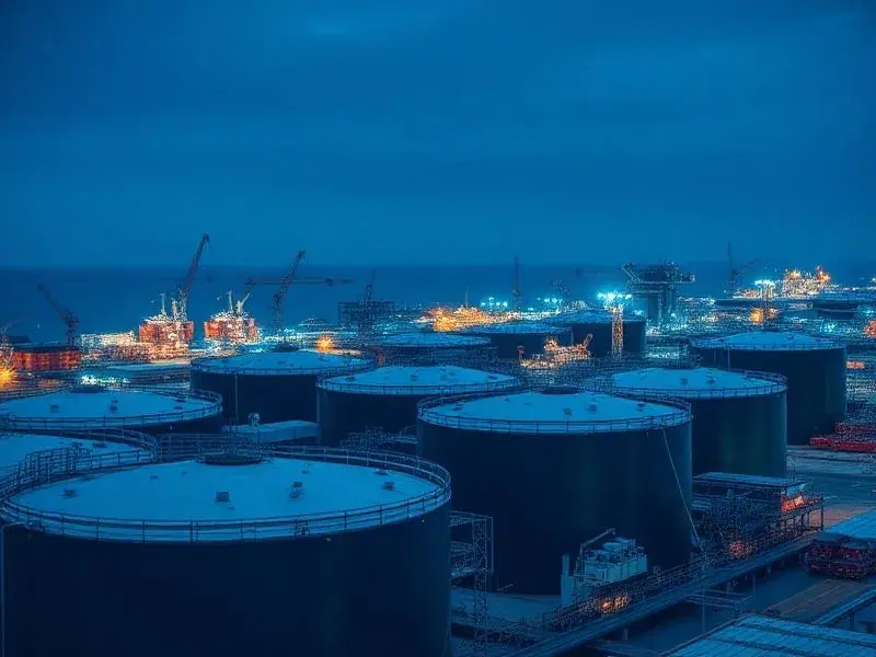 Storage tank farm lit at dusk beside a working port